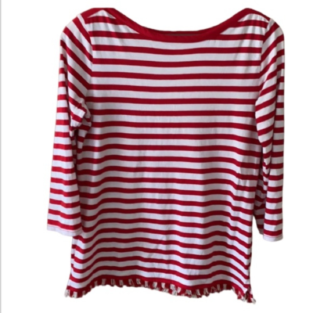 Talbots 3/4 Sleeve Red & White Stripe Top with Fringe S